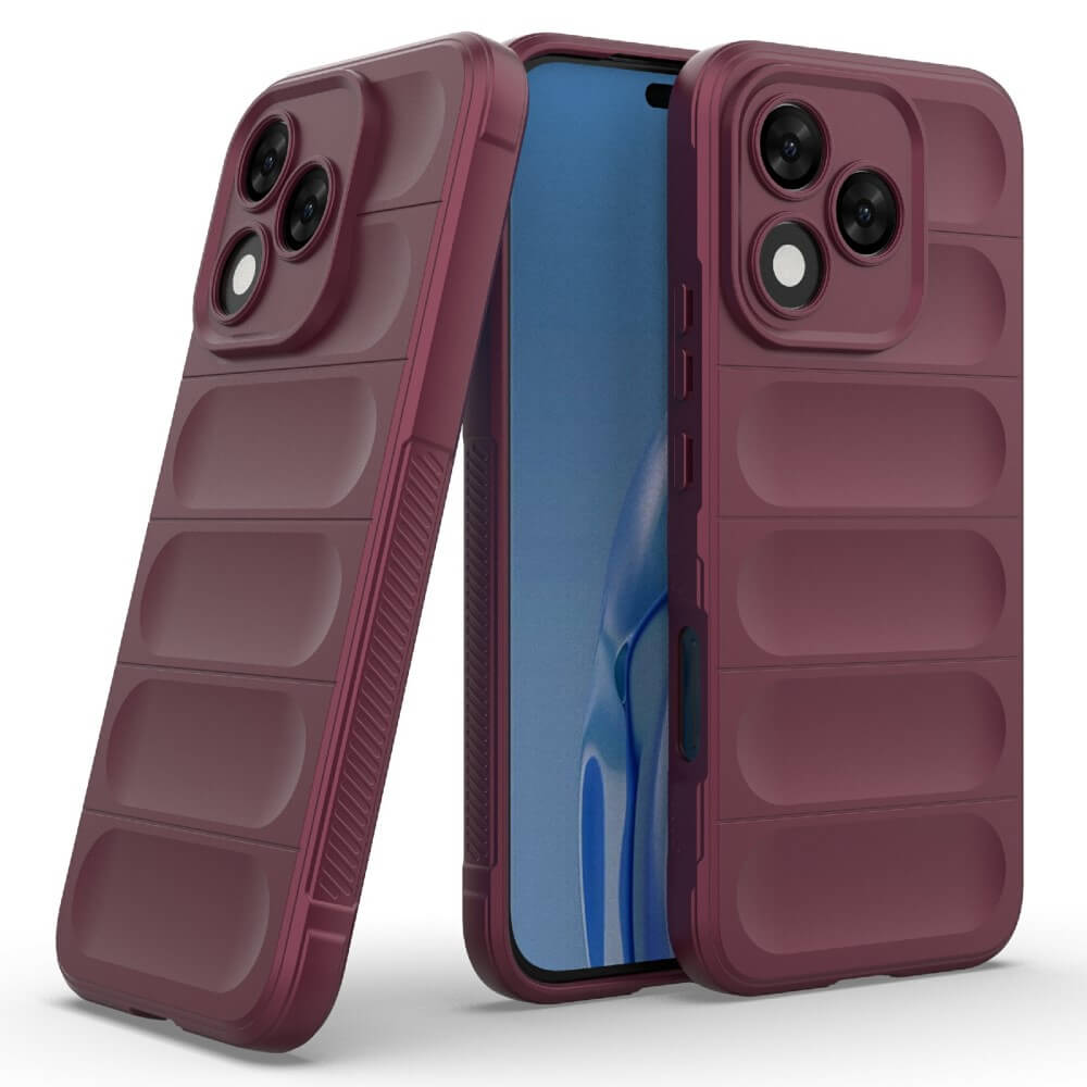 Deux coques de téléphone bordeaux avec des nervures horizontales et découpe caméra.
