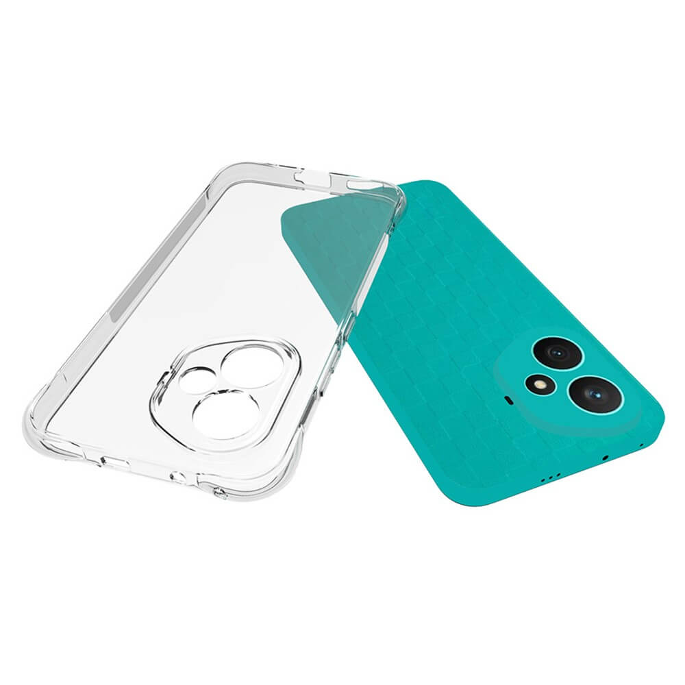 Une coque de téléphone transparente repose à côté d'un téléphone turquoise.