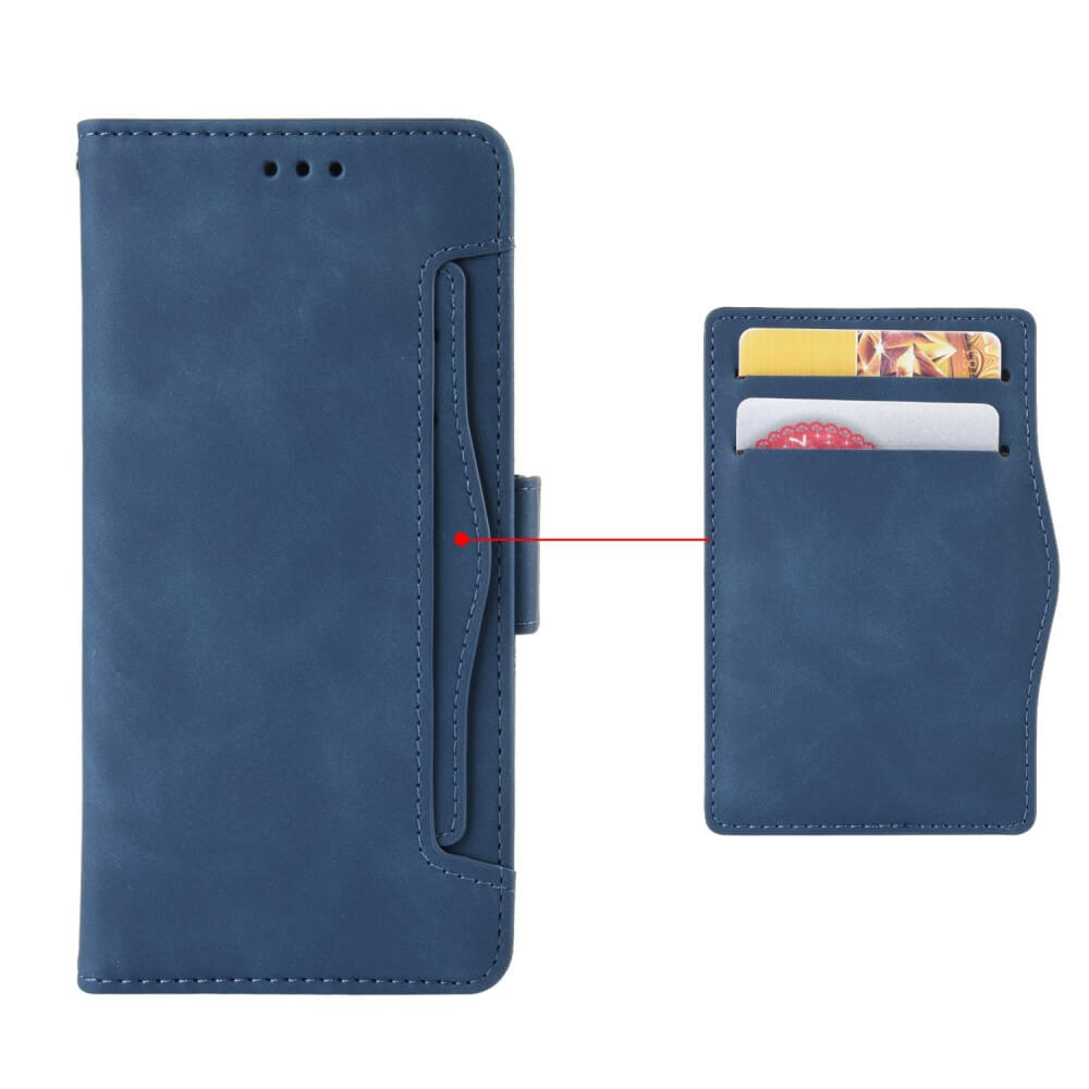 Étui de téléphone bleu avec fentes pour cartes, ouvert.