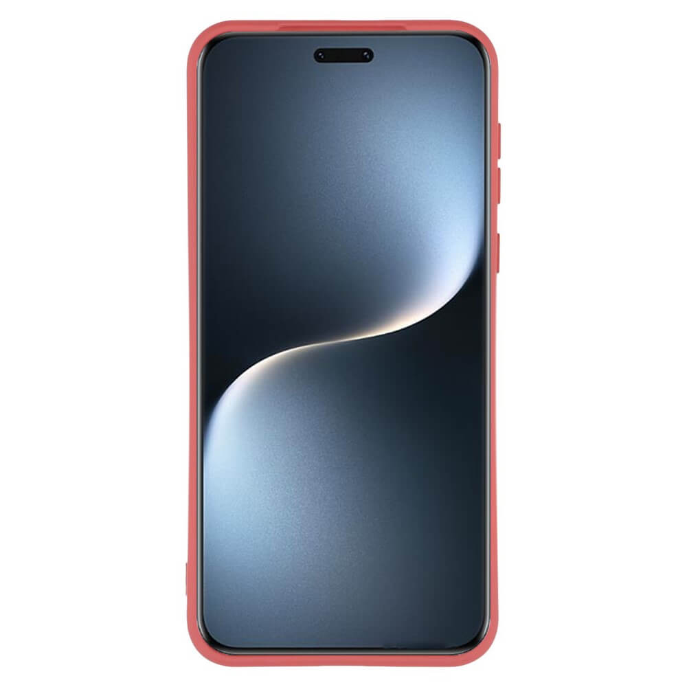 Un iPhone rouge avec un fond d'écran bleu grisâtre.