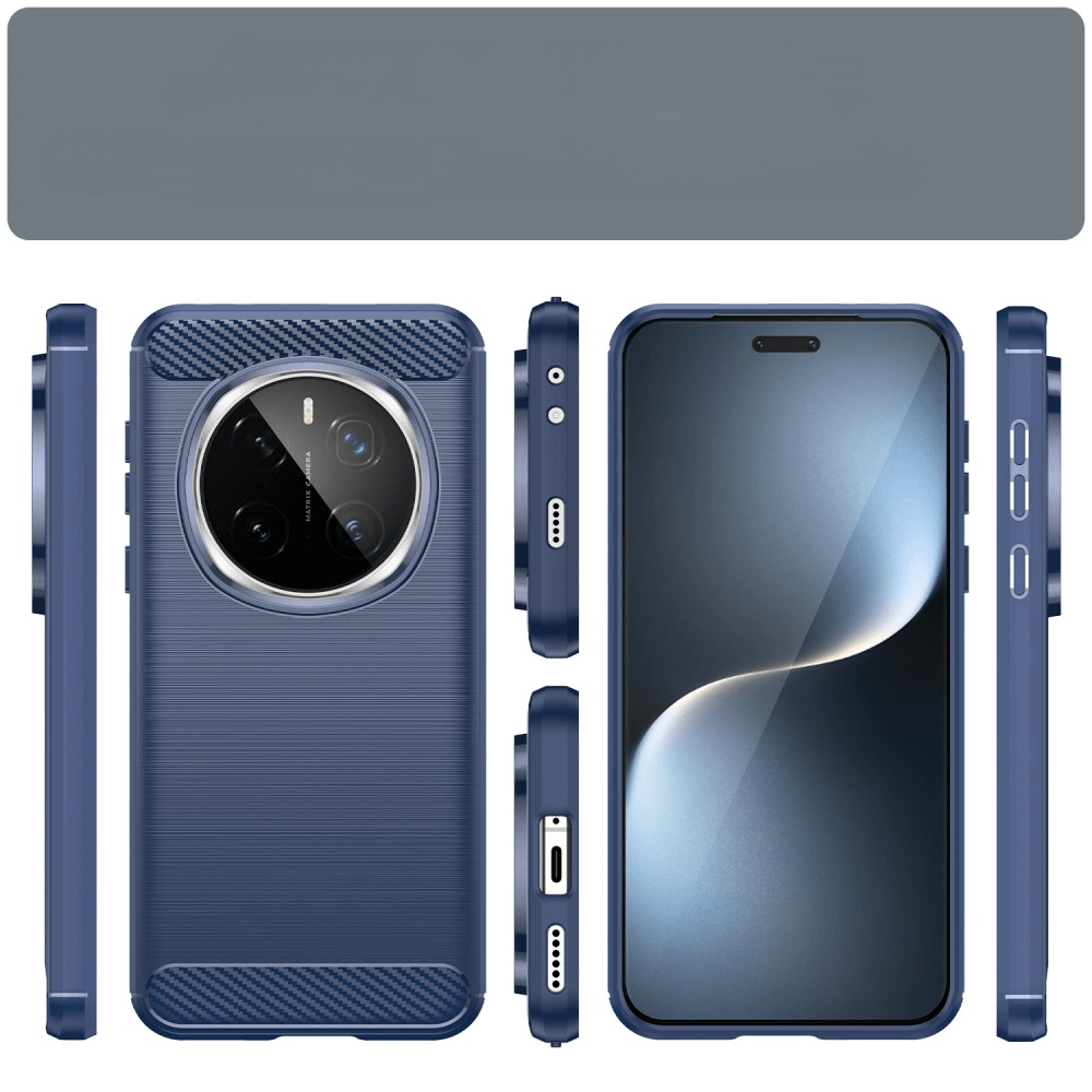 Une coque de téléphone texturée bleue est montrée sous plusieurs angles, une vue montre un smartphone.