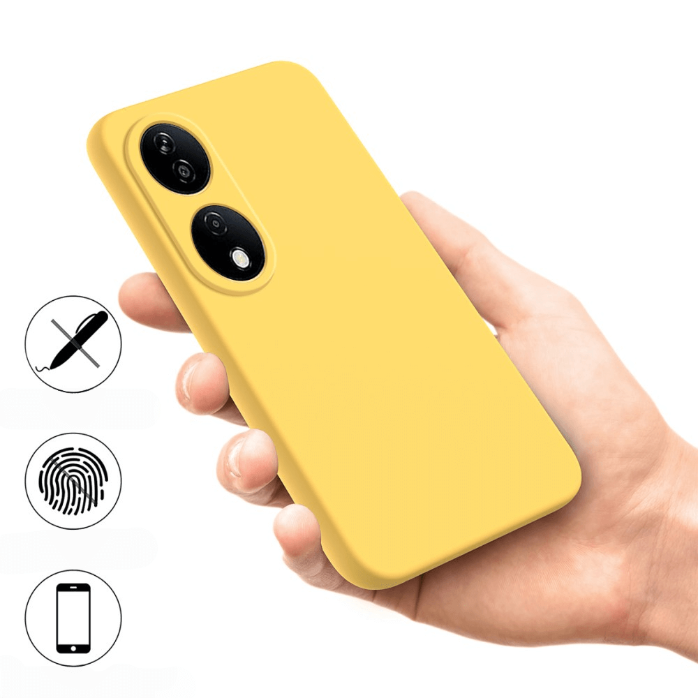 Coque de téléphone jaune avec découpe caméra, tenue en main. Icônes stylo, empreinte digitale, téléphone.