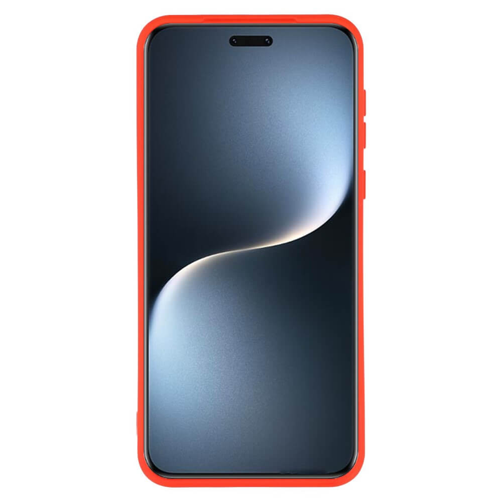 Un smartphone avec un étui rouge et un écran gris.