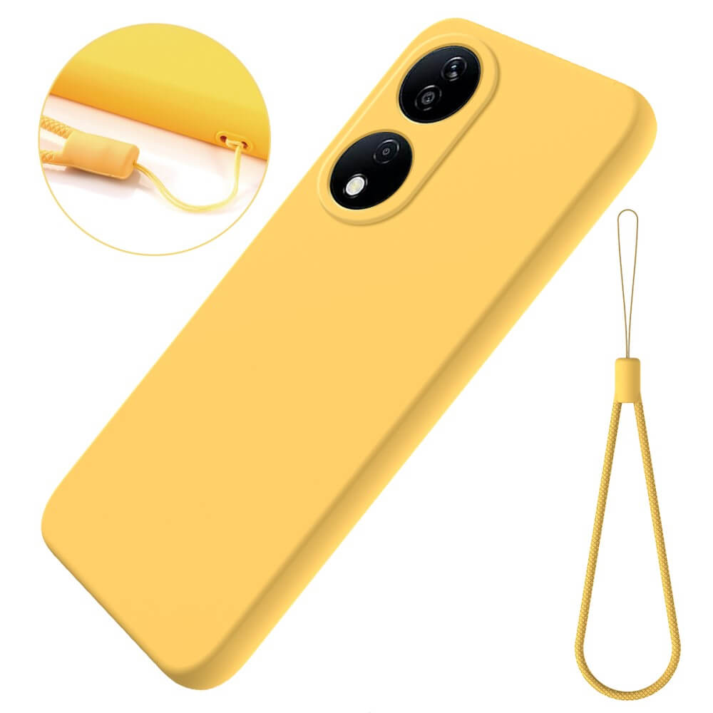 Coque de téléphone jaune avec deux caméras et une dragonne.