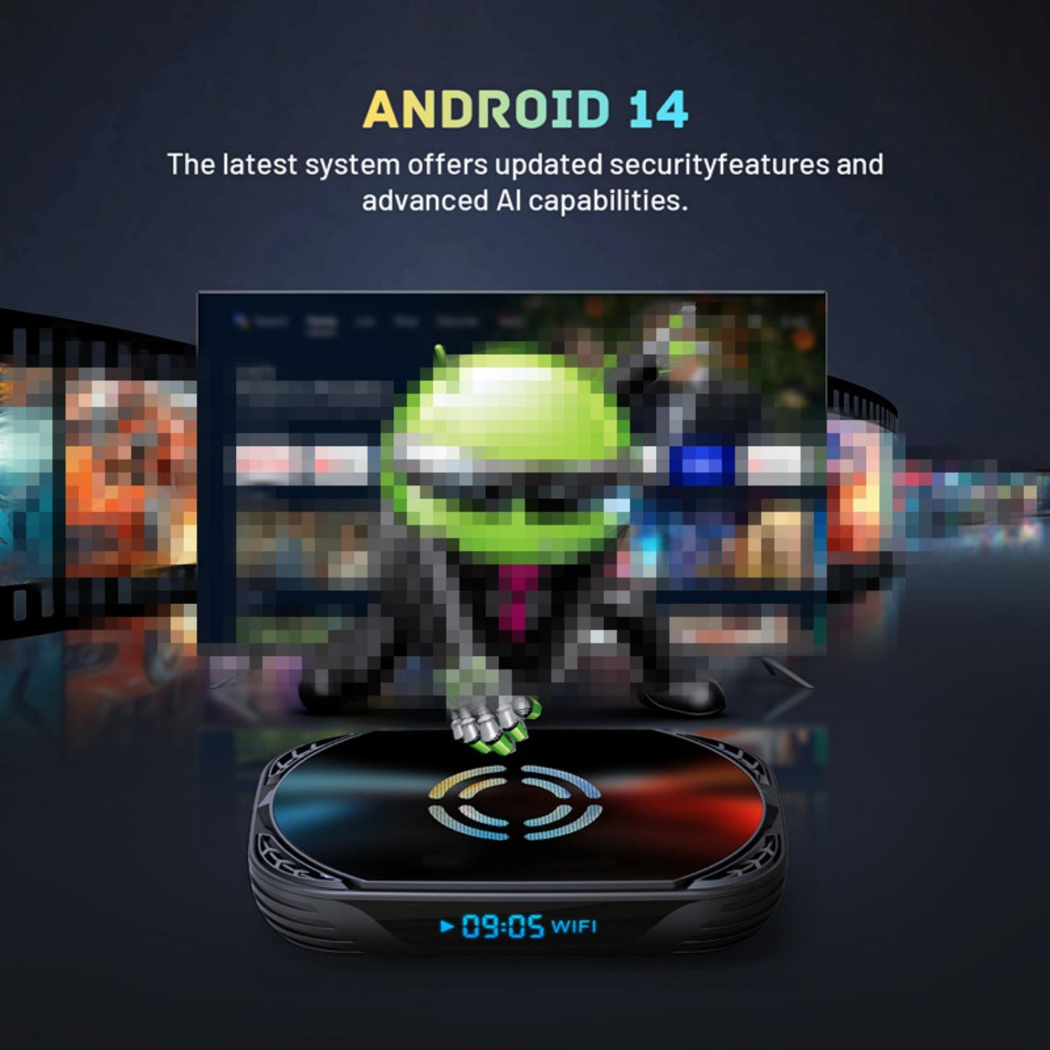 Android 14 Box mit Android-Logo und Filmrollen im Hintergrund.