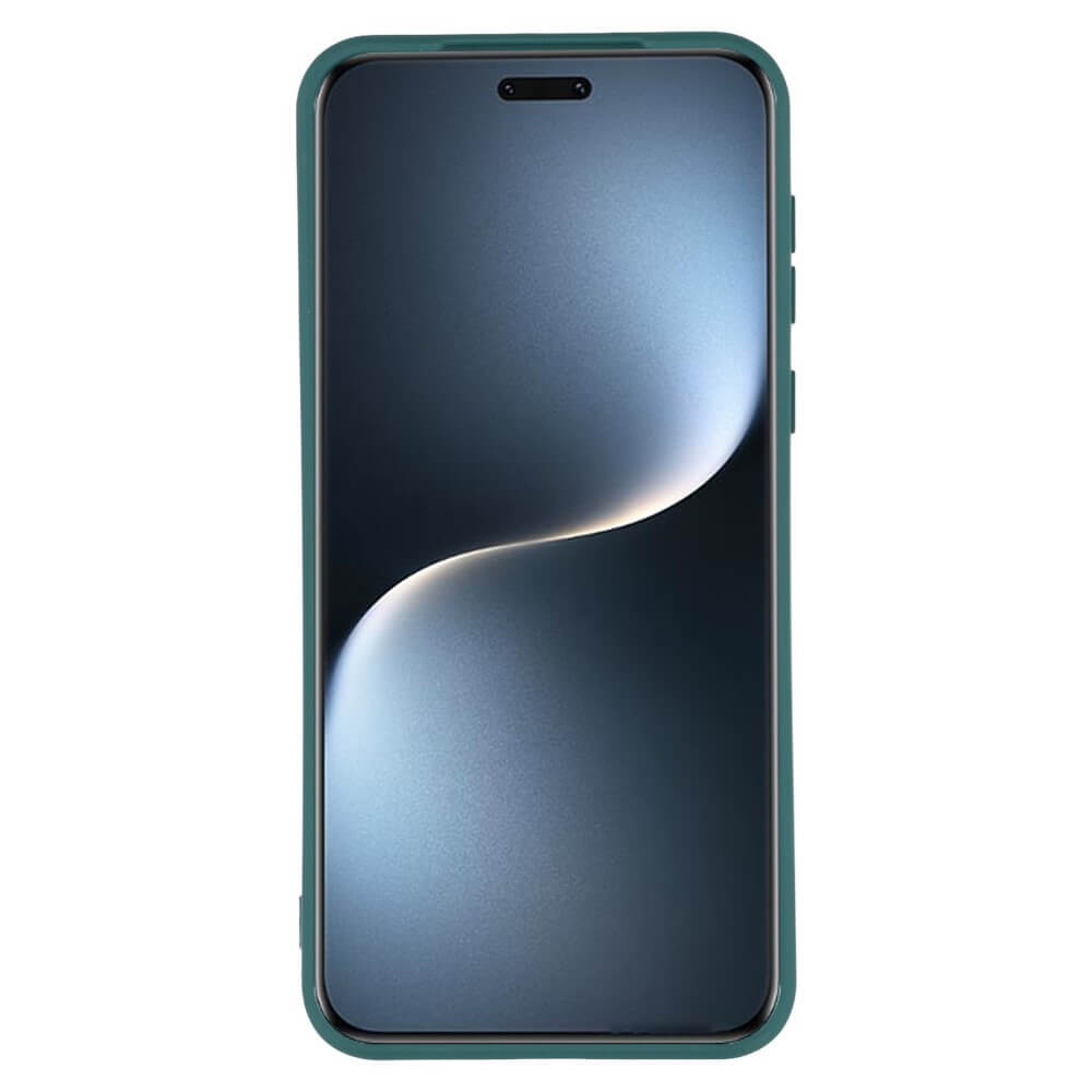 Une coque de téléphone vert foncé avec un fond abstrait moderne.