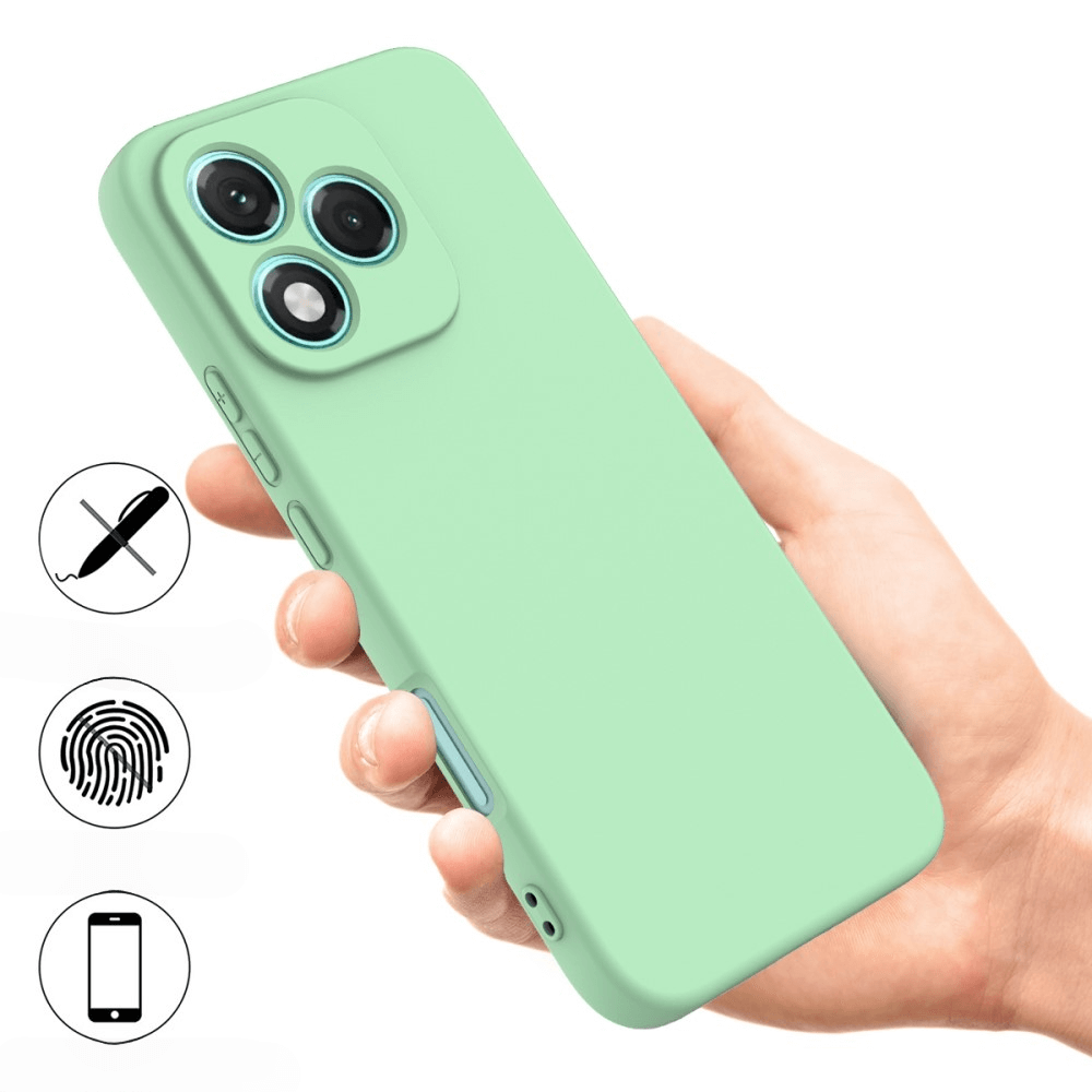 Main tenant une coque de téléphone vert clair à trois caméras. Icônes : pas de stylo, empreinte, téléphone.