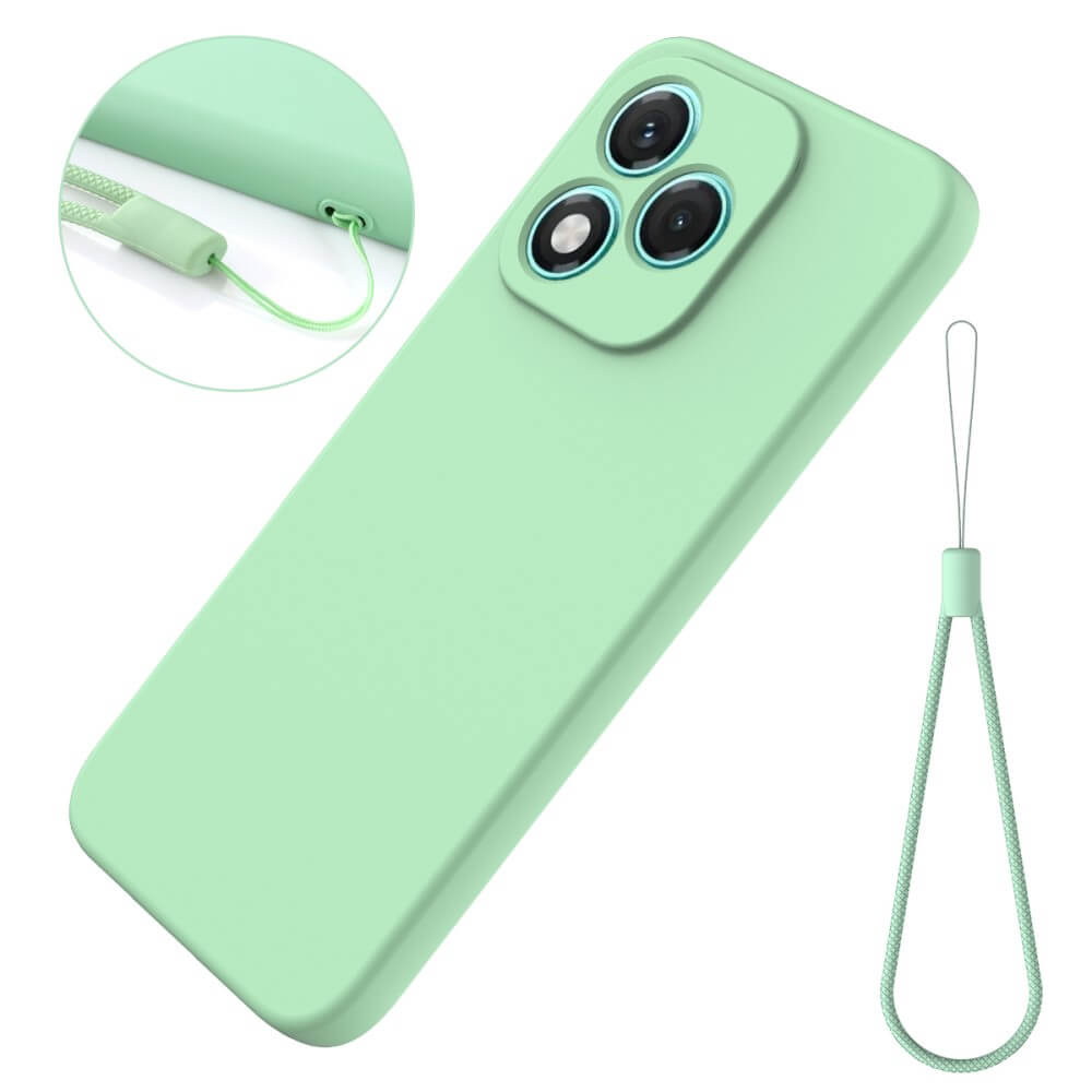 Coque de téléphone vert clair avec système caméra et dragonne.