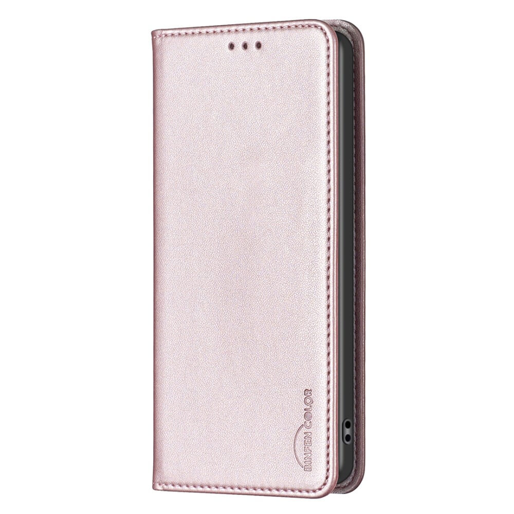 Un étui de téléphone rose doré avec trois points et le texte BINFEN COLOR.