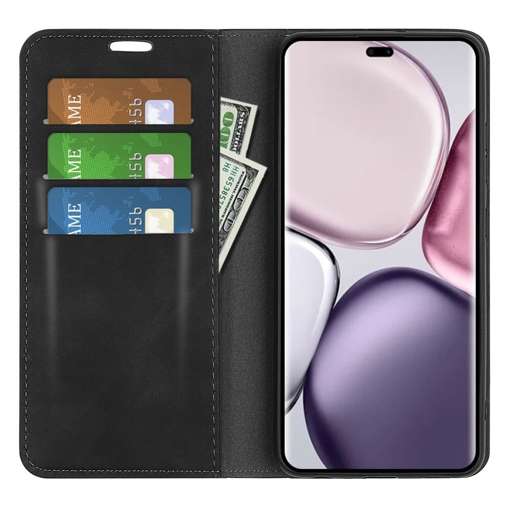 Étui de téléphone noir avec fentes pour cartes et billets. Le téléphone est ouvert.