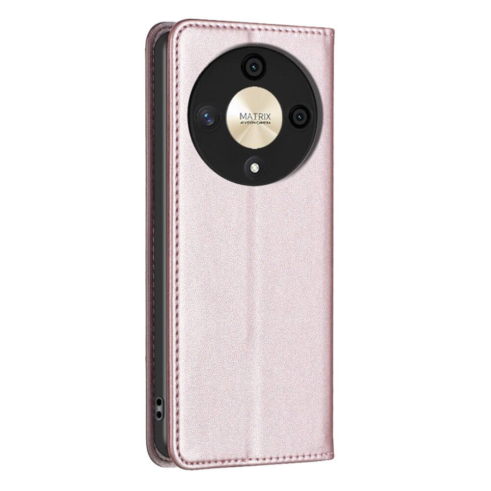 Un étui portefeuille rose doré pour téléphone avec découpe caméra ronde.