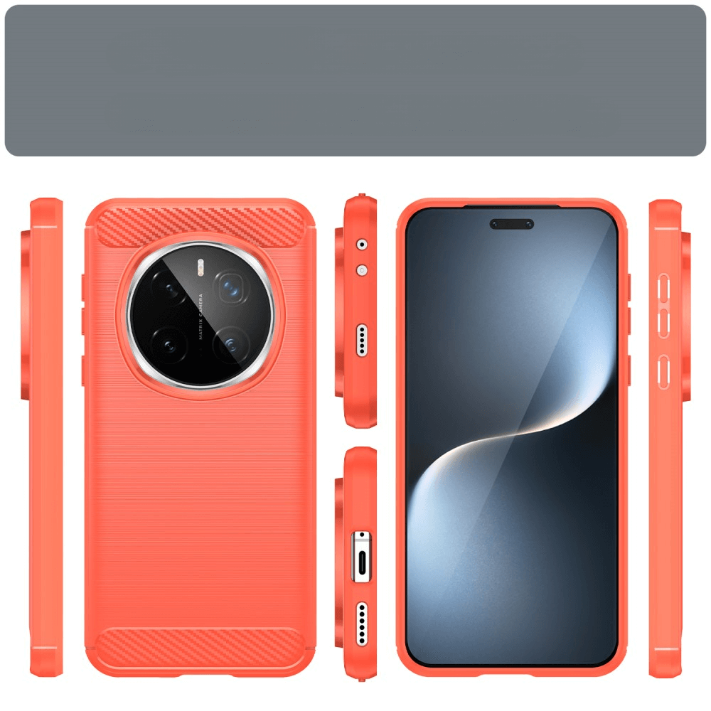 Une coque de téléphone corail montrée sous trois angles à côté d'un smartphone.