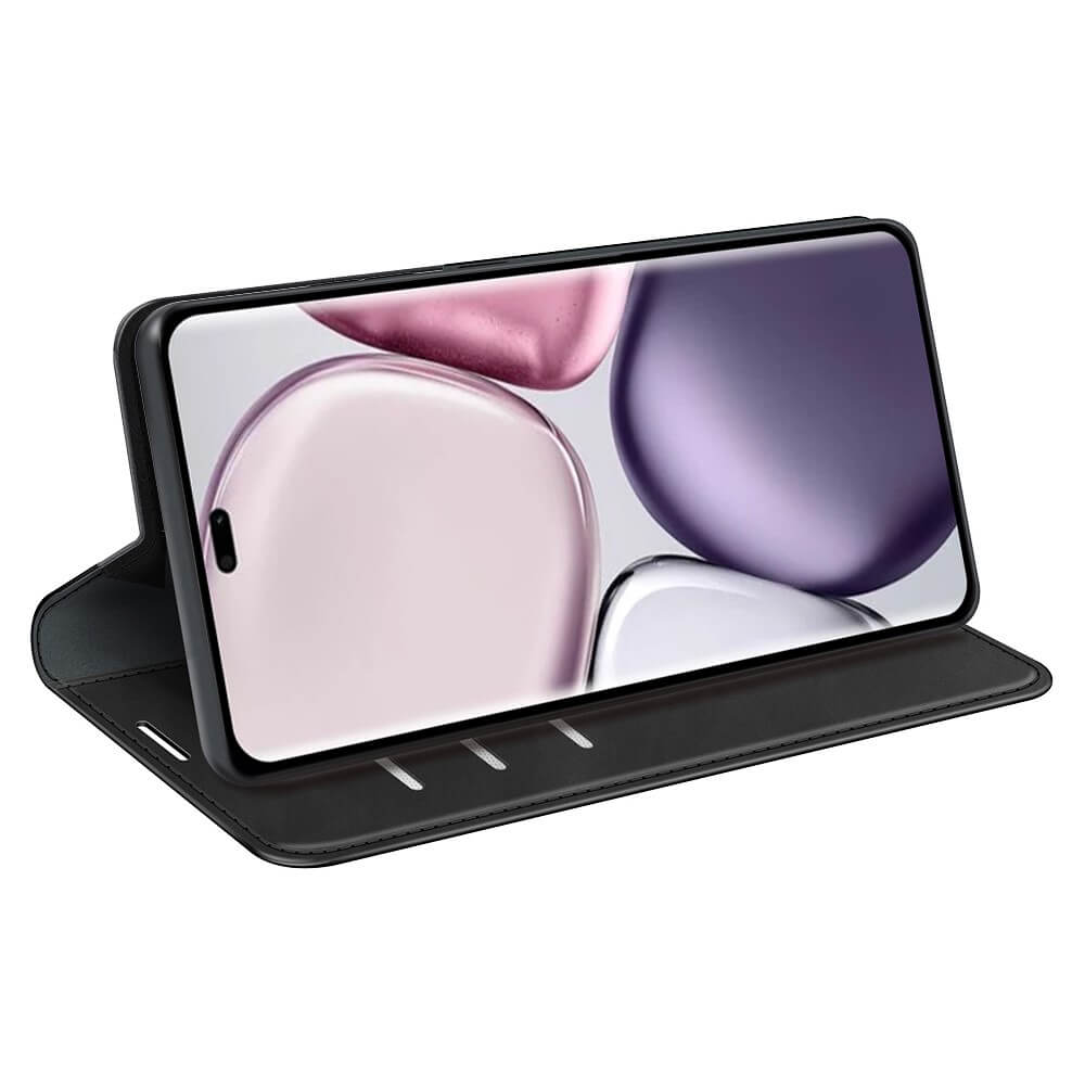 Un smartphone noir avec son clapet ouvert, sur fond blanc.