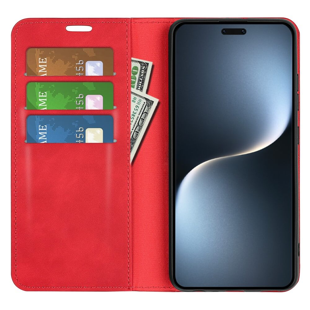 Étui portefeuille rouge avec cartes de crédit et argent, à c ôté d'un smartphone.