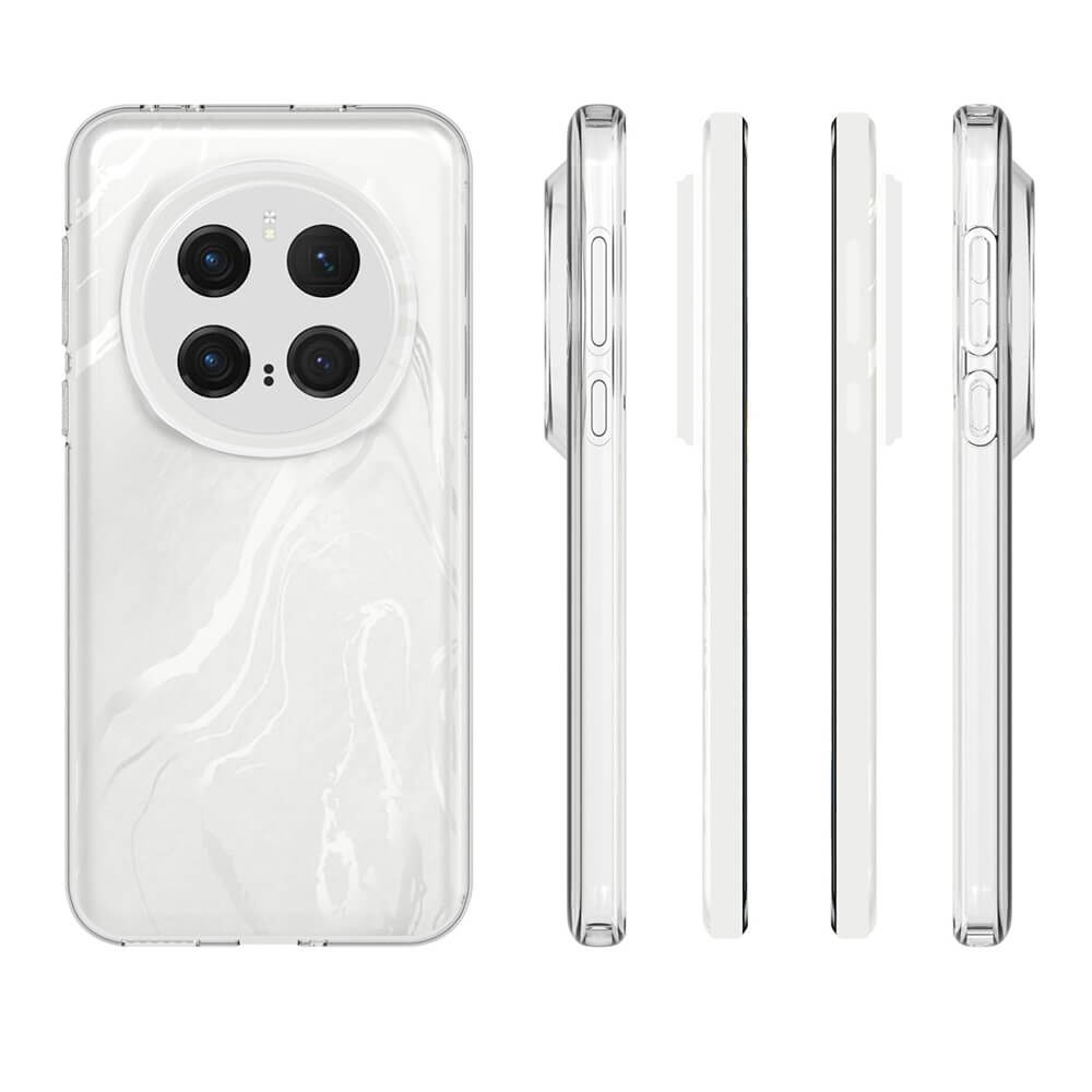 Une coque de téléphone transparente à motif marbre blanc, montrant vues arrière et latérales.