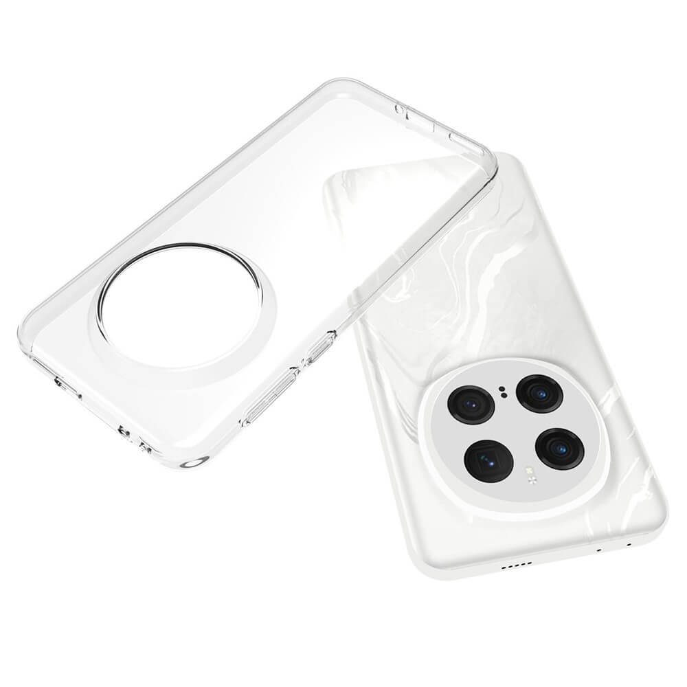 Une coque de téléphone transparente à côté d'un téléphone blanc à motif marbre.