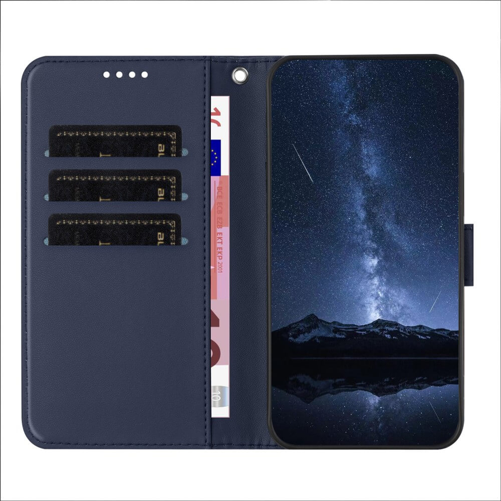 Un étui de téléphone bleu avec des fentes pour cartes, montrant un ciel nocturne étoilé.