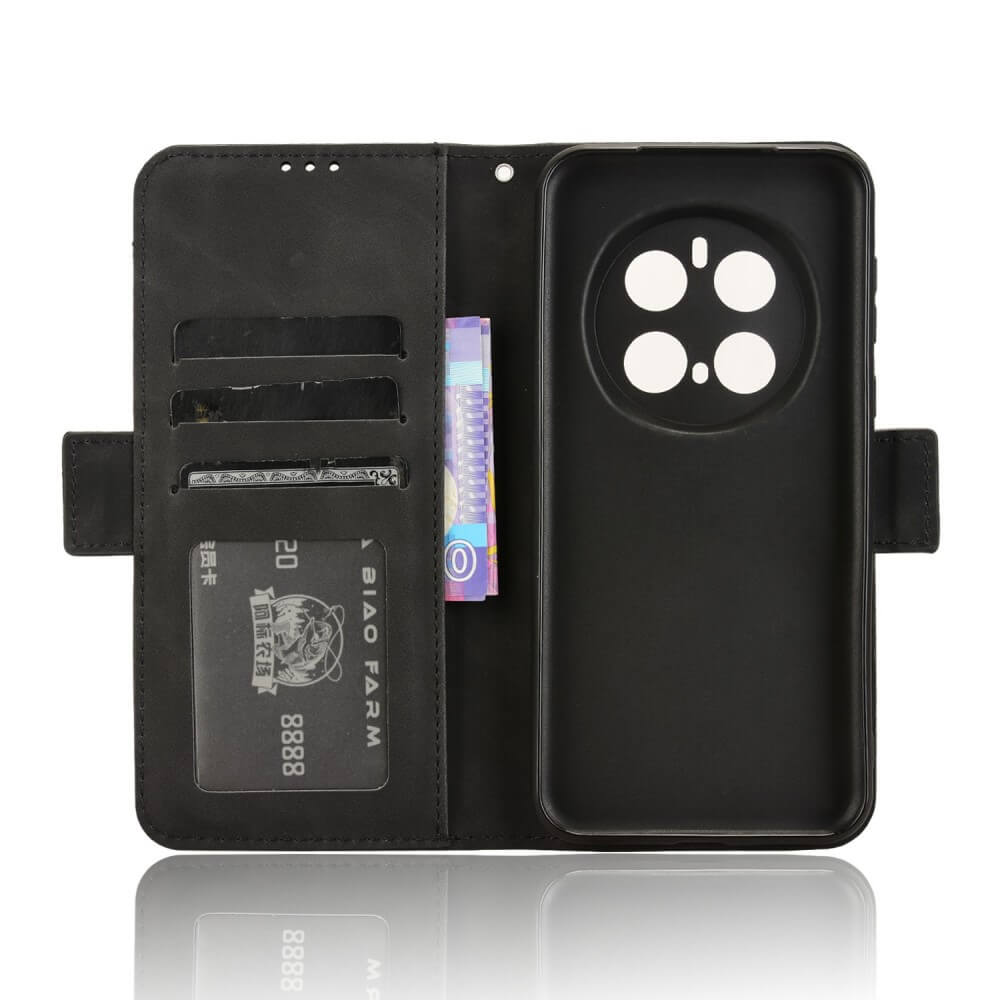 Étui à rabat noir pour smartphone avec fentes pour cartes et porte-billets.