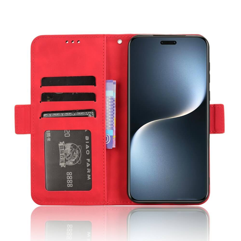 Étui de téléphone rouge avec fentes pour cartes et un smartphone à écran sombre.