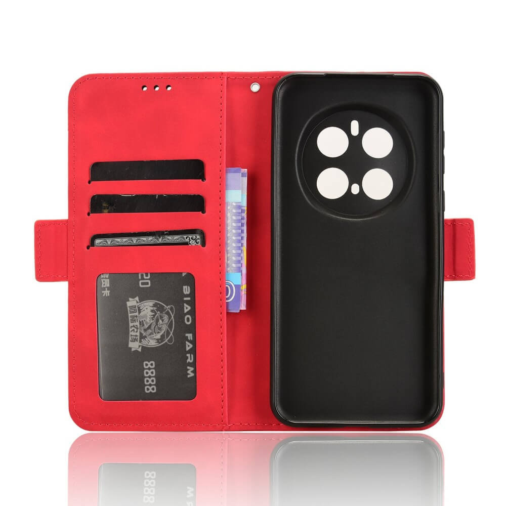 Étui portefeuille rouge avec fentes pour cartes et support de téléphone noir.