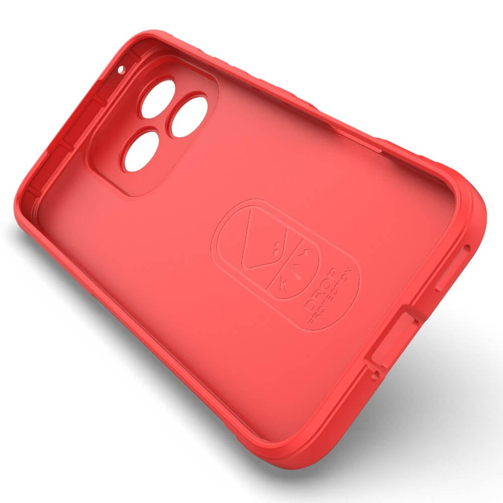 Coque de téléphone rouge avec découpes pour appareil photo et logo au dos.