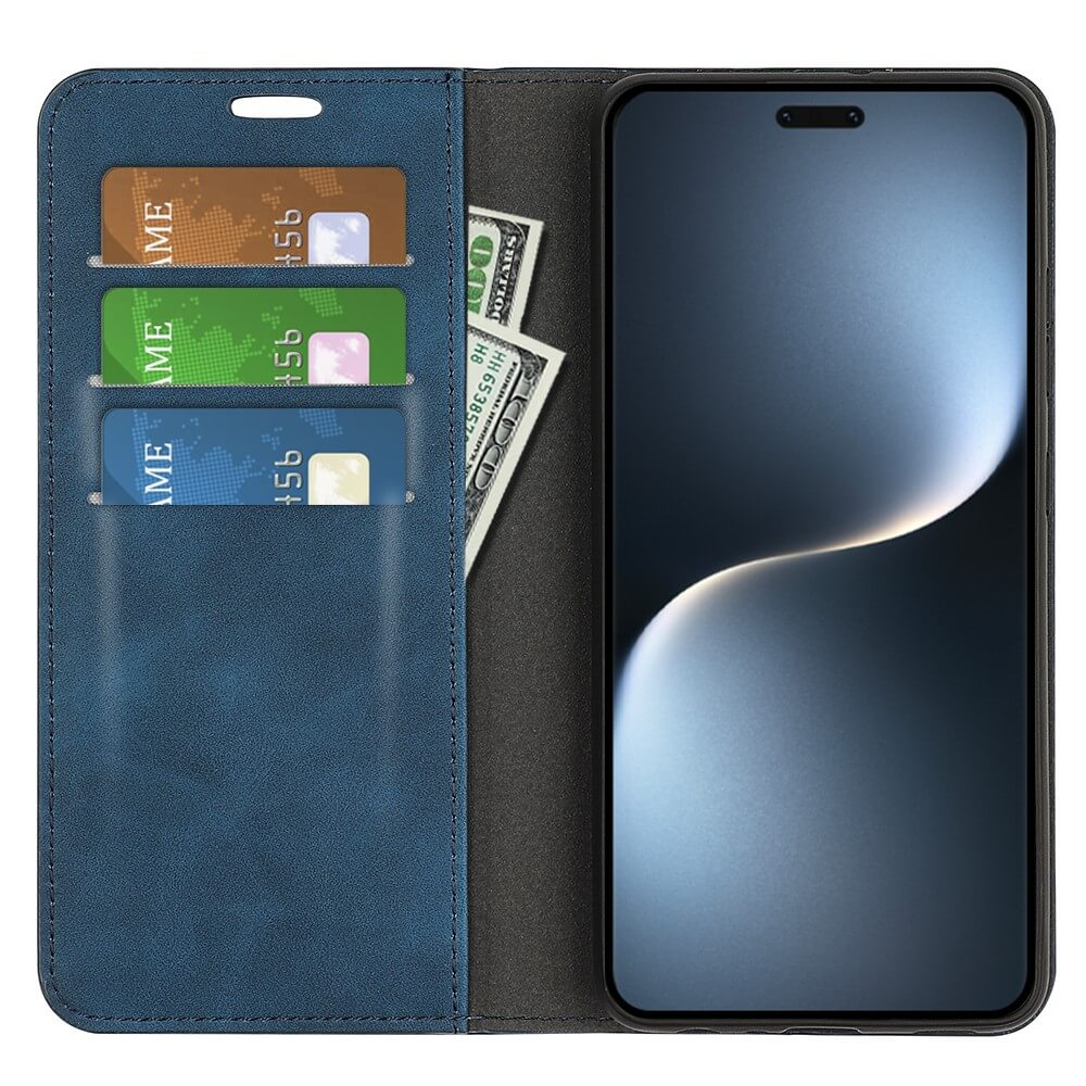 Étui de téléphone bleu avec fentes pour cartes, trois cartes et billets.