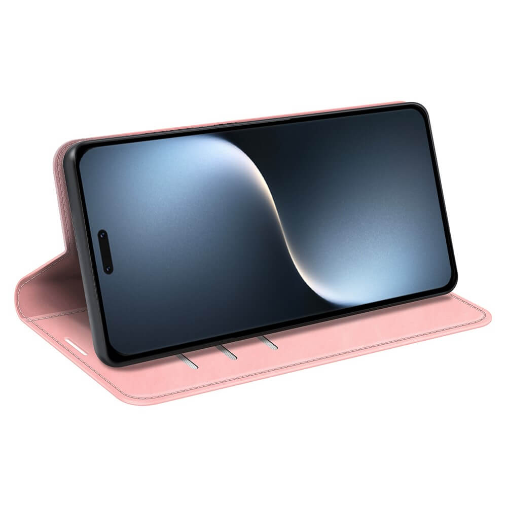 Un étui de téléphone rose avec un smartphone à l'intérieur.