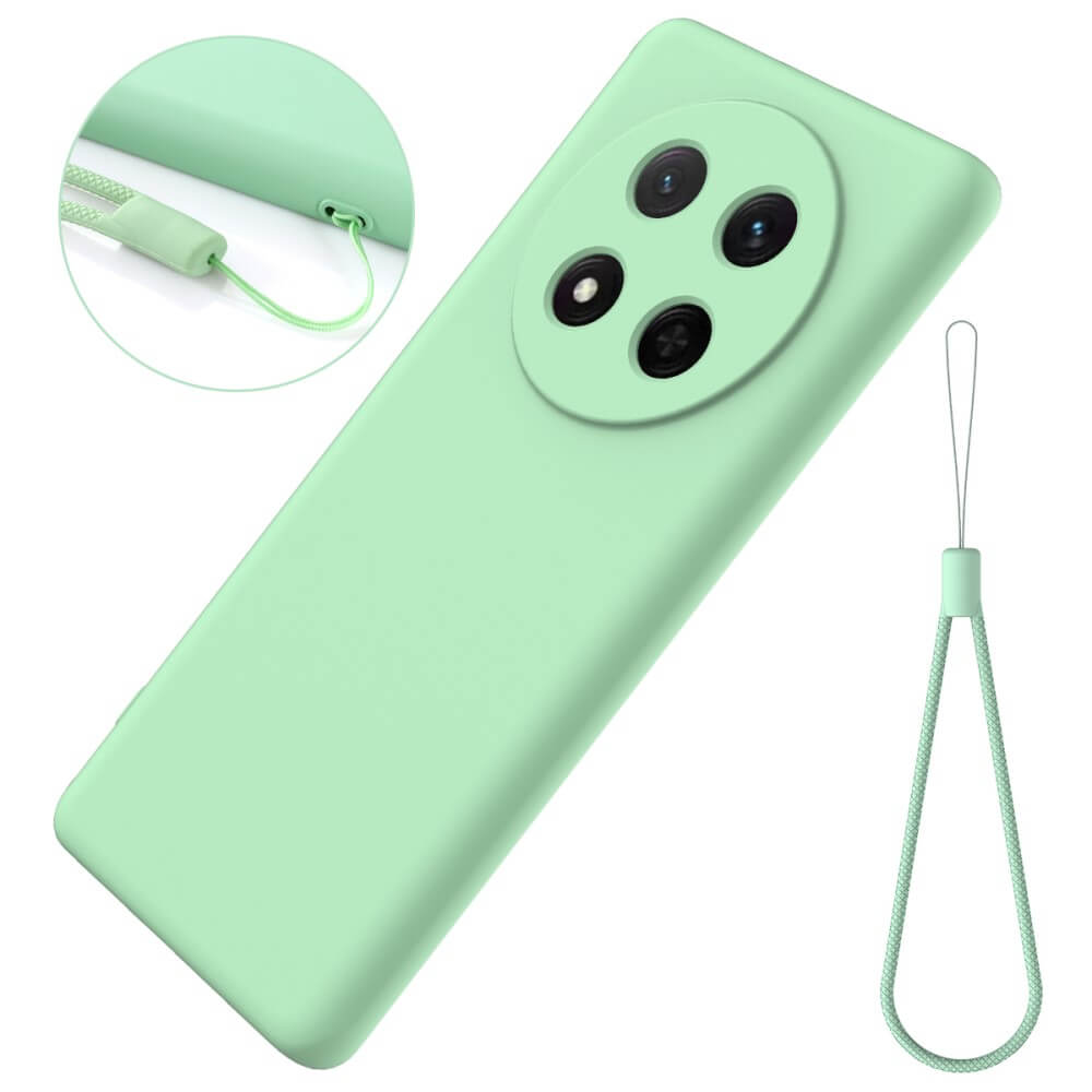 Coque de téléphone vert clair avec module caméra et dragonne.