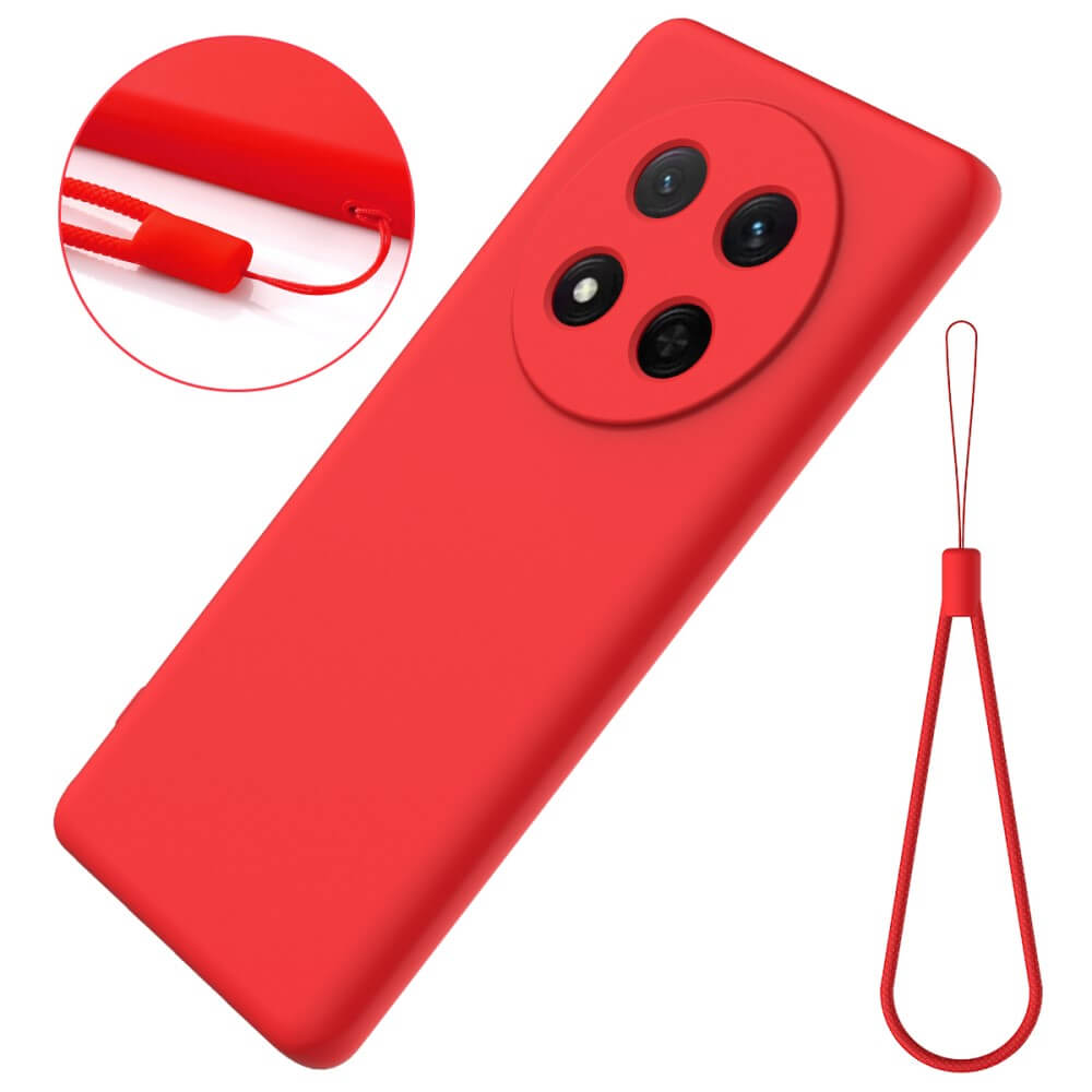 Coque de téléphone rouge avec protection caméra et cordon.