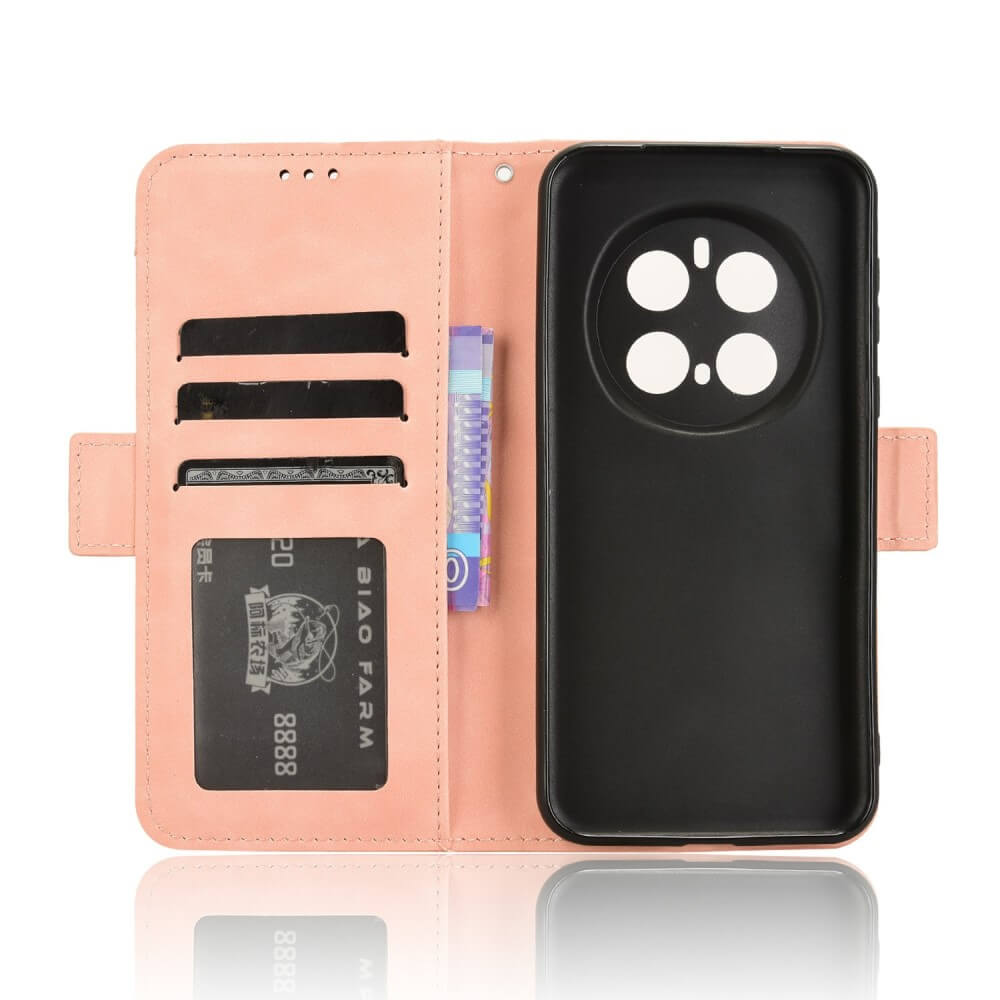 Un portefeuille rose avec des fentes pour cartes et un étui arrière noir pour téléphone.