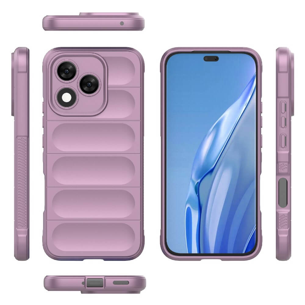 Coque de téléphone violette avec découpe caméra, vues latérales et inférieure.