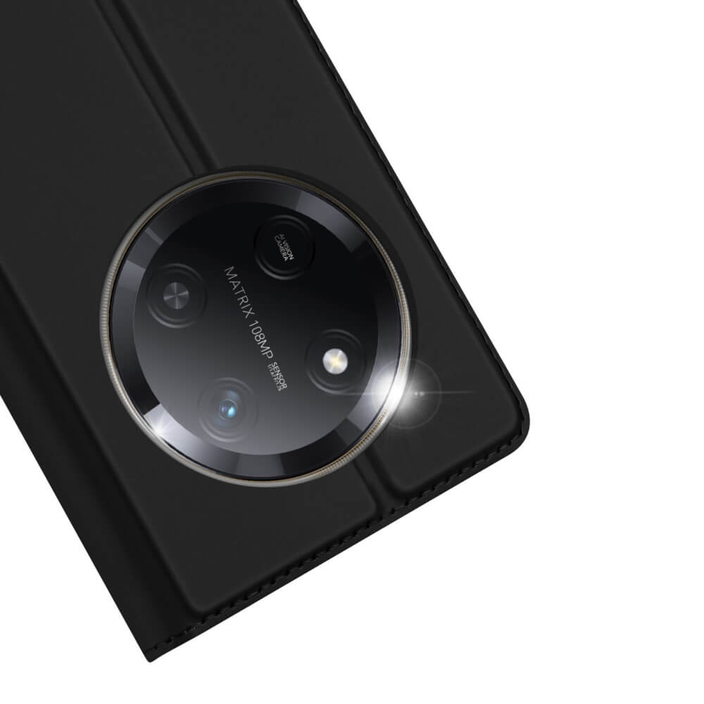 Un étui de téléphone noir est ouvert, révélant le module caméra 'MATRIX 108MP SENSOR'.
