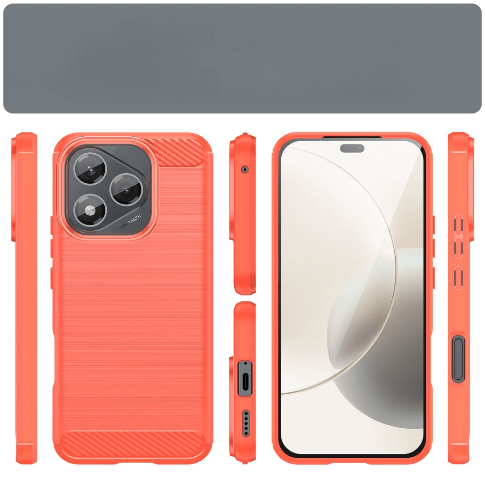 Plusieurs vues d'une coque de téléphone corail avec protection caméra et finition texturée.