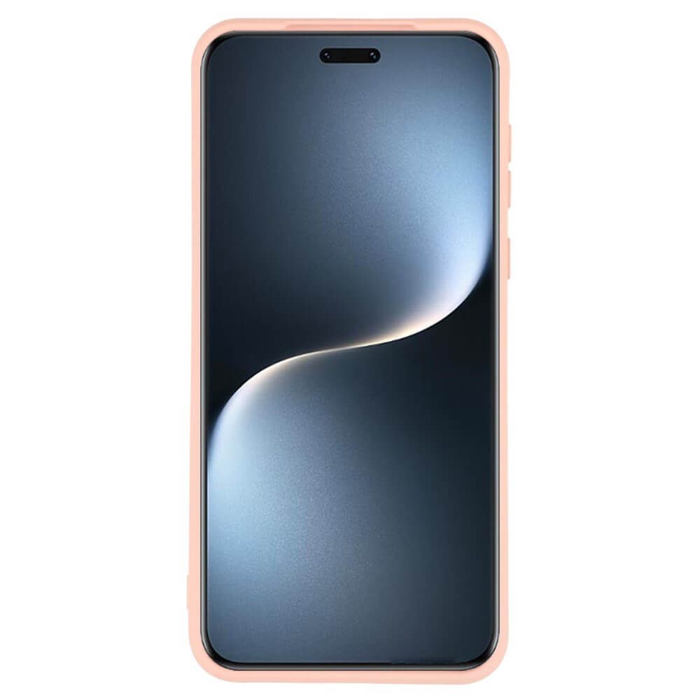 Une coque rose pour iPhone avec un fond d'écran gris stylisé.