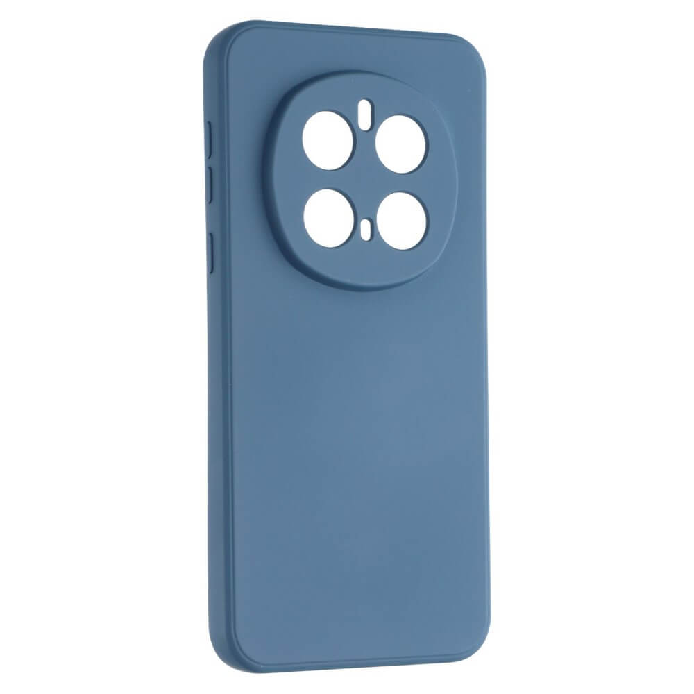 Coque de téléphone bleue avec zone de caméra circulaire et quatre découpes.