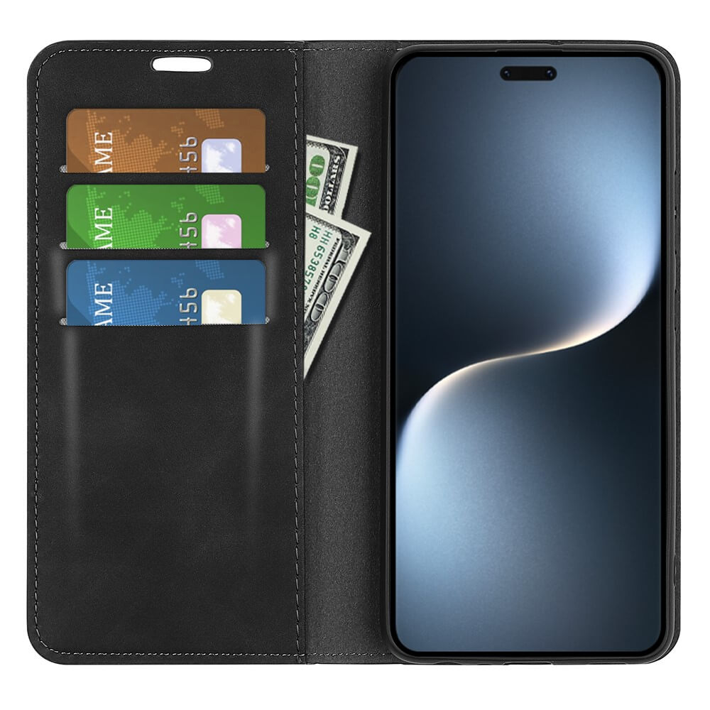 Étui portefeuille noir avec trois cartes et billets de dollars US. Téléphone à l'intérieur.