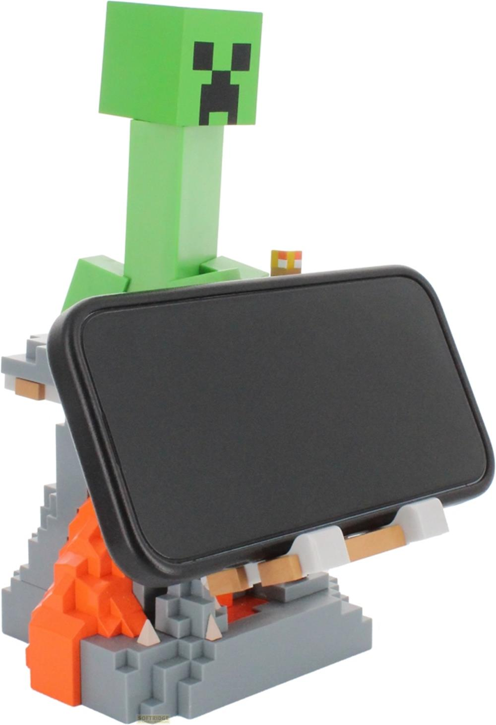 Supporto Creeper Minecraft verde con tablet nero su base di pietra con lava.