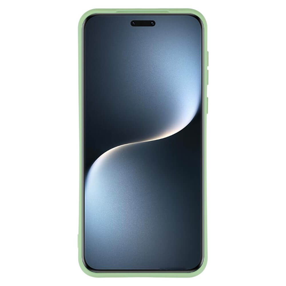 Une coque verte claire pour iPhone avec un fond sombre.