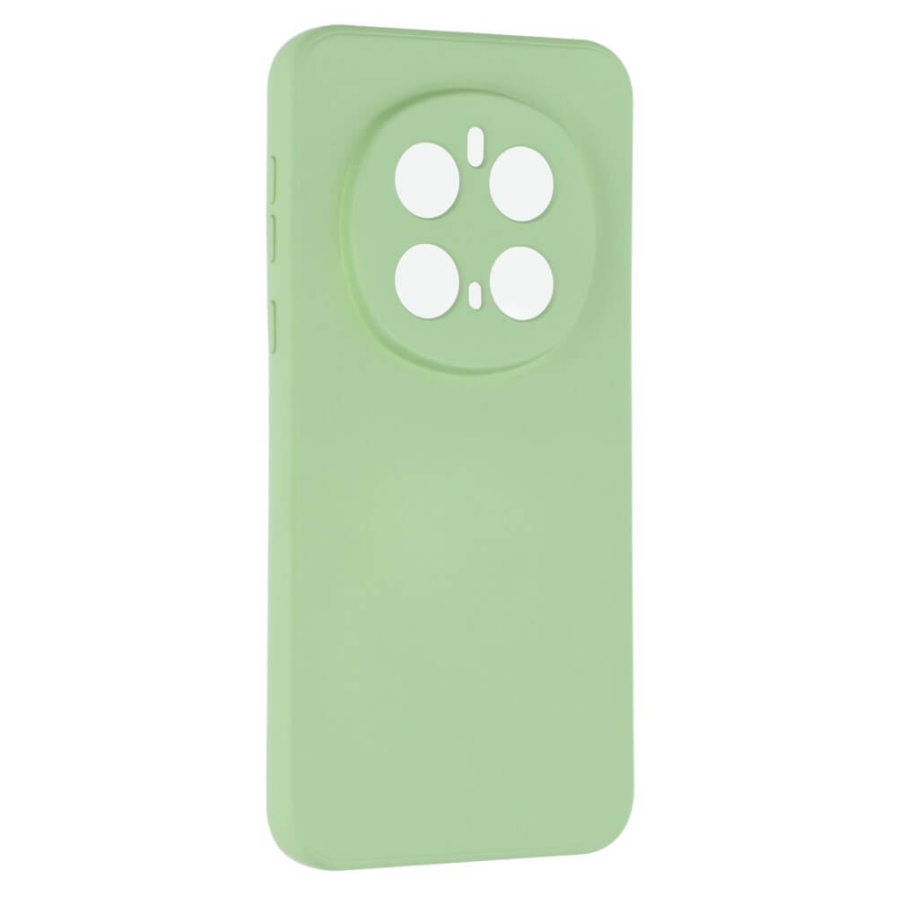 Une coque de téléphone vert clair avec des découpes pour un appareil photo.