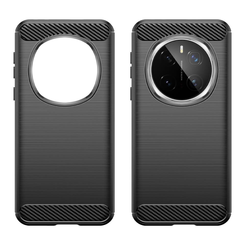 Deux coques de téléphone noires aspect carbone avec découpe caméra.
