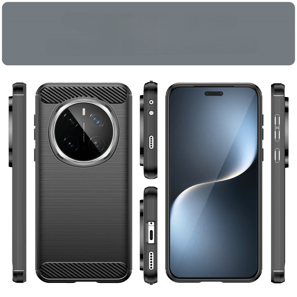 Trois vues d'une coque de téléphone noire et d'un smartphone à écran bleu.