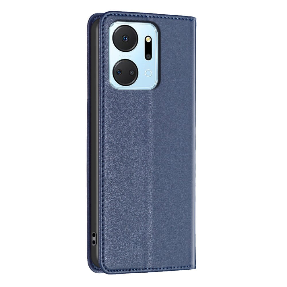 Un étui de téléphone bleu avec deux caméras au dos, sur fond blanc.