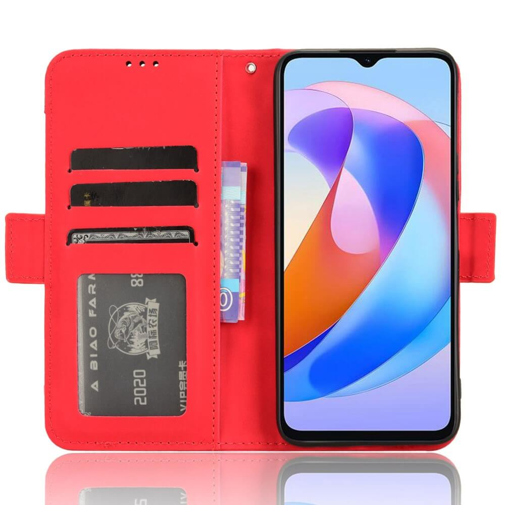 Étui portefeuille rouge pour téléphone avec emplacements pour cartes et smartphone.