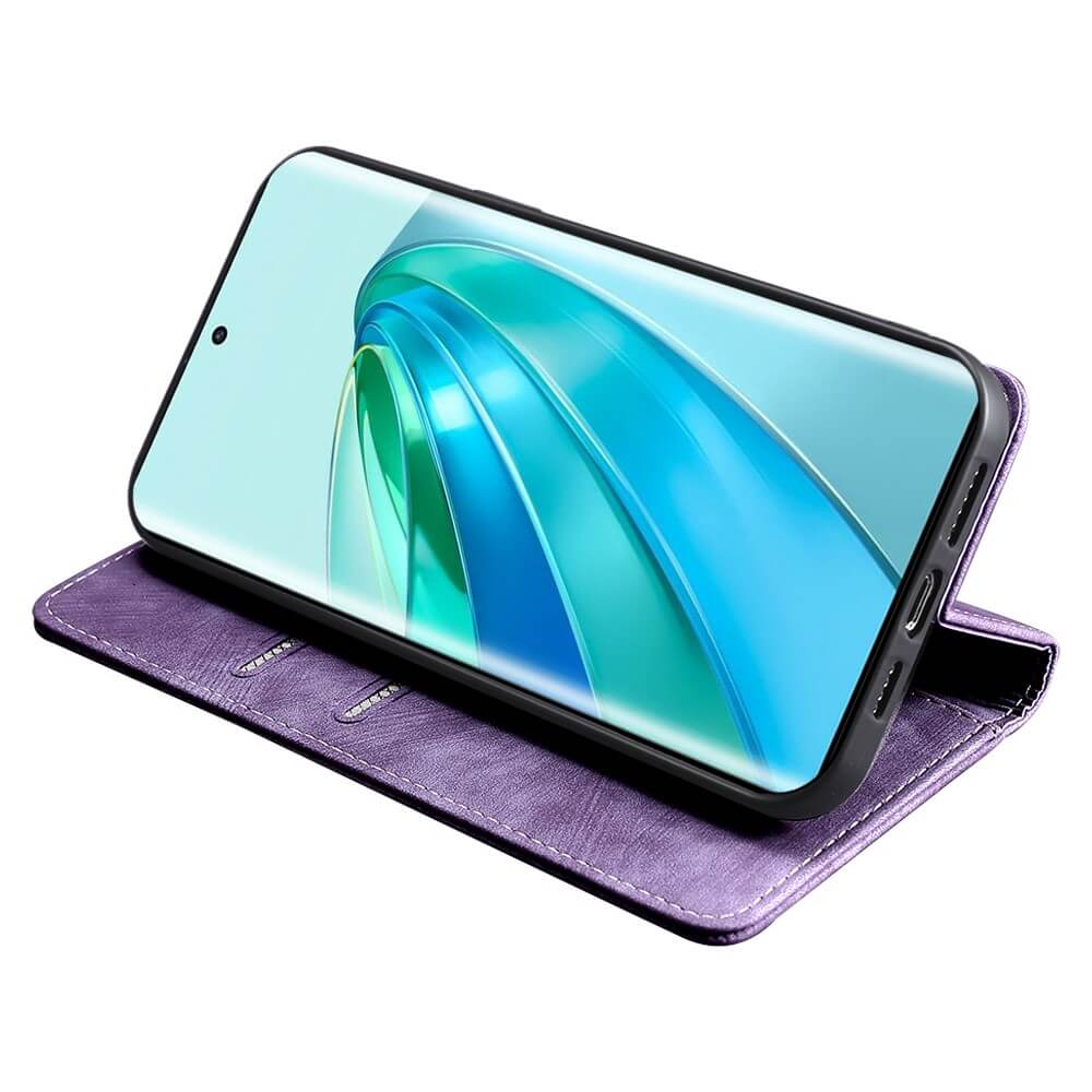 Étui de téléphone violet avec un smartphone ouvert affichant un fond bleu.