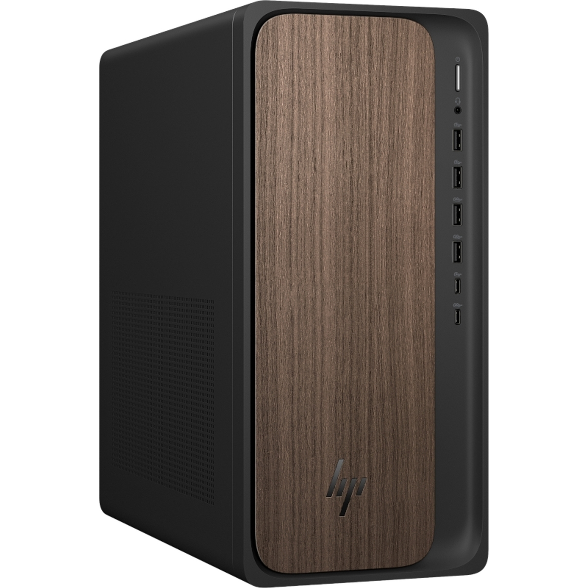 Tower PC nero con pannello frontale effetto legno e porte laterali.