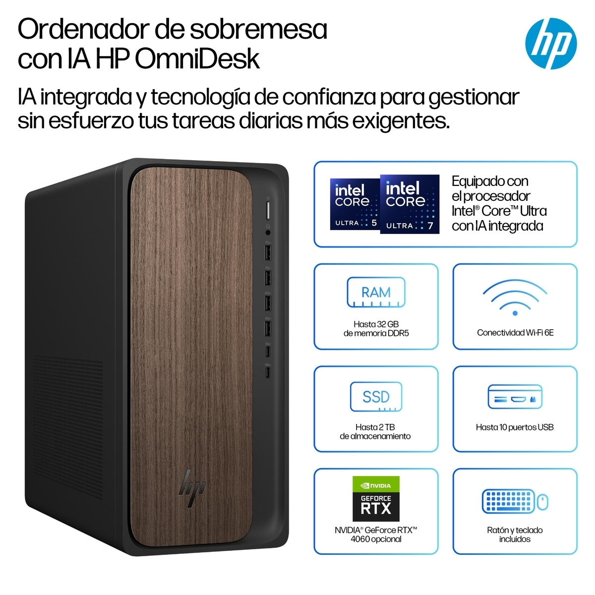 PC de sobremesa HP OmniDesk con frontal de madera, CPU Intel Core Ultra, hasta 32GB RAM.