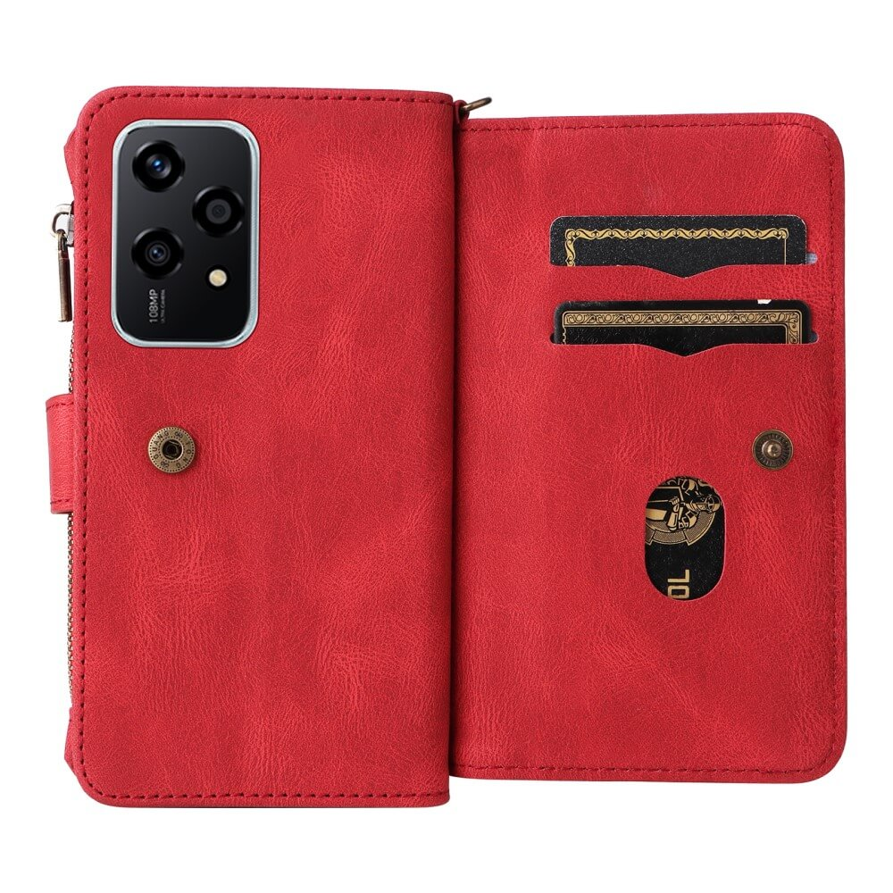 Coque de téléphone rouge avec ouverture caméra, fentes cartes et fermeture zip.