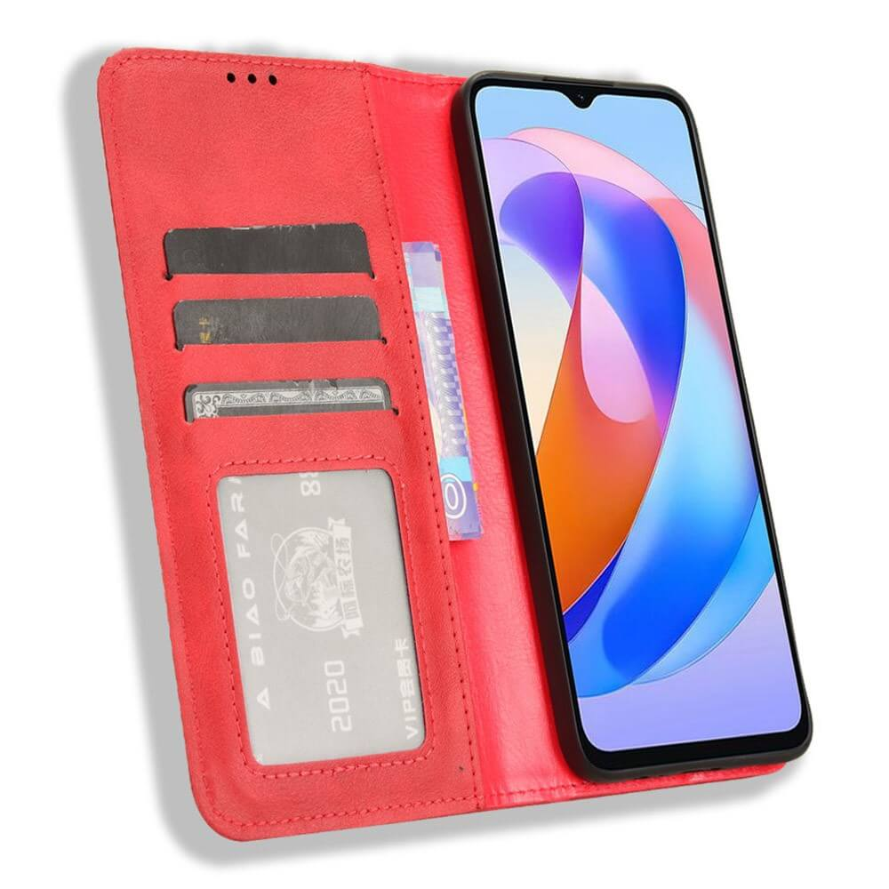 Portefeuille rouge pour téléphone avec téléphone, fentes pour cartes et carte VIP.
