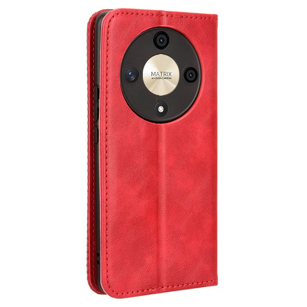 Étui de téléphone rouge avec découpe circulaire pour module caméra et marque "MATRIX".