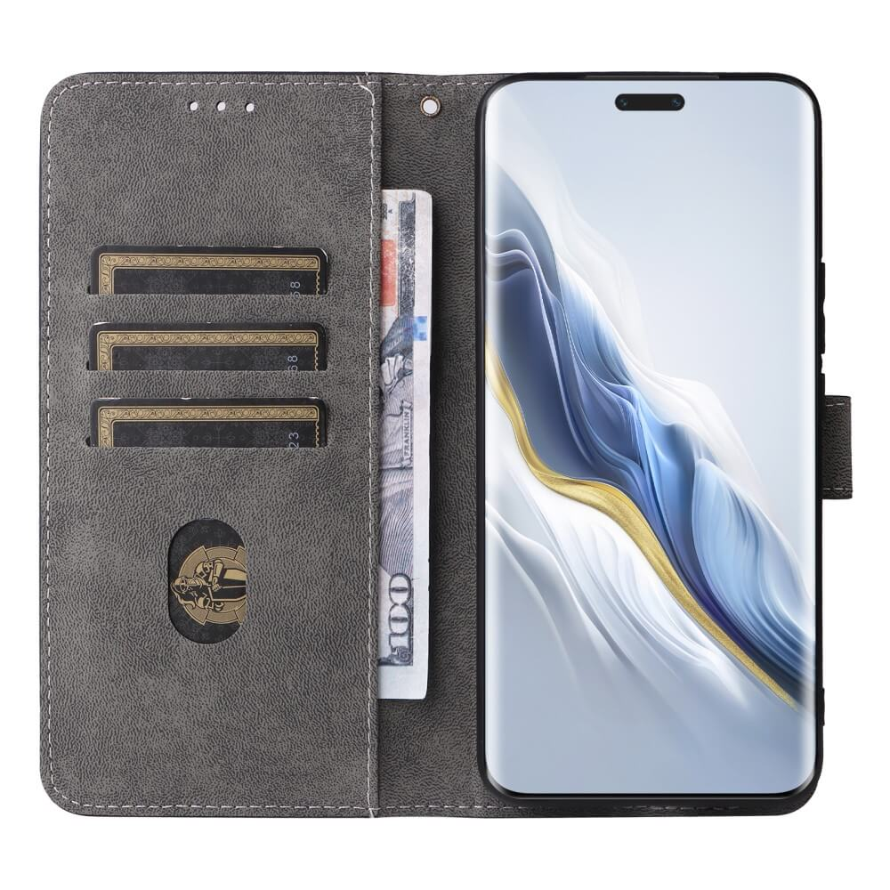 Étui portefeuille gris pour téléphone avec fentes pour cartes, argent et smartphone.